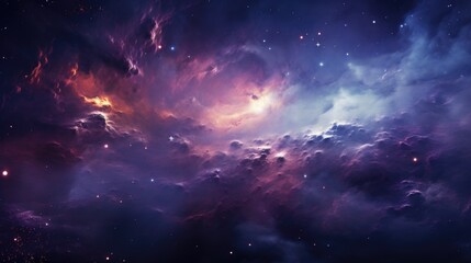 Fototapeta premium Cosmic Dust Swirl: Deep Space Imagery with Swirling Cosmic Dust, Midnight Blue and Purple Hues, Star-Dotted Galaxy Impression