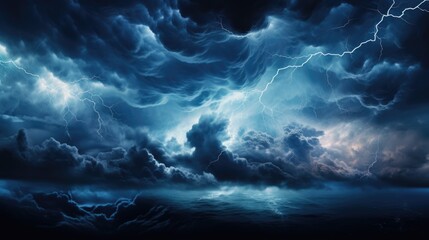Electric Lightning Storm: Dramatic Dark Stormy Clouds Background with Bright Blue and White Lightning Bolts - obrazy, fototapety, plakaty