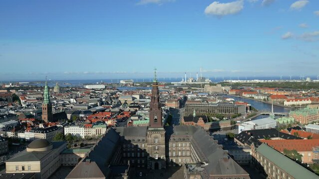 Copenhagen Folketing Parliament Christiansborg Palace. Christiansborg Palace on Copenhagen's central island of Slotsholmen. Cristiansborg Castle in Denmark. Danish Parliament Folketinget. Drone shoot 
