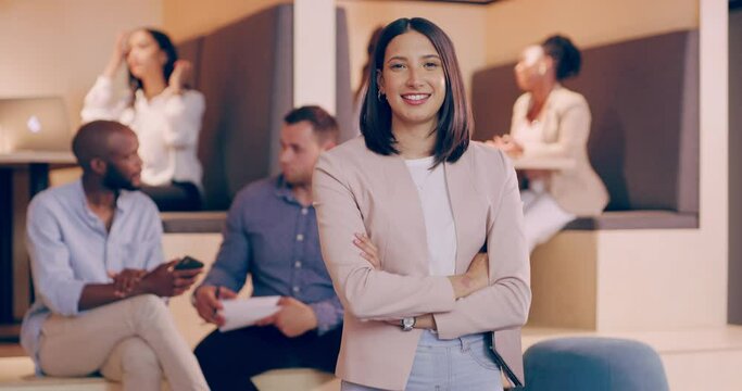 Arms crossed, business woman and boss face with coworking, confidence and professional team with tablet. Worker, social media manager and online agency with portrait and smile at company and office