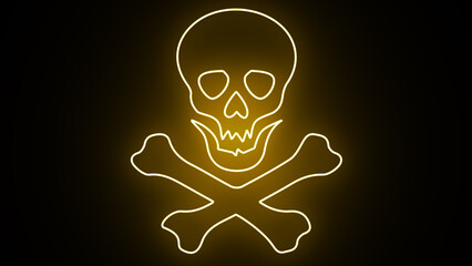 Neon glowing Skull and Crossbones Icon on black Background. Neon Skull & Crossbones Sign. Can be used for warning sign, banner, web design.