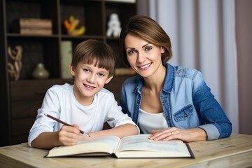 Mom helps son do homework sitting at table writing in paper notebook right answer