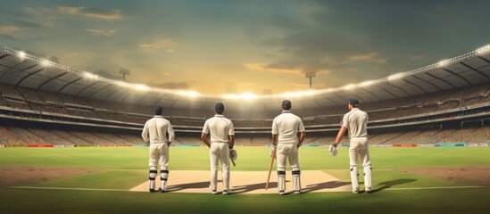 Cricket players waiting match on stadium - obrazy, fototapety, plakaty