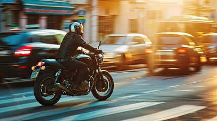 Photo captures a motorcyclist skillfully maneuvering through city streets on a powerful bike. They...