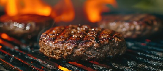 Close-up of sizzling beef burger on the grill - obrazy, fototapety, plakaty