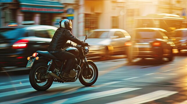 Photo captures a motorcyclist skillfully maneuvering through city streets on a powerful bike. They embody the spirit of freedom and adrenaline as they conquer obstacles and navigate urban traffic.