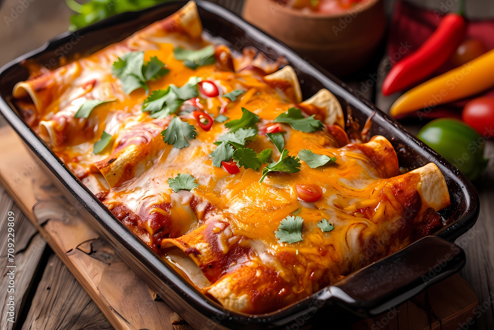 Wall mural enchiladas, a beloved mexican dish, consist of rolled tortillas filled with a flavorful combination  - Wall murals