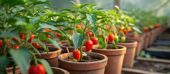 Fototapeta na wymiar Growing spicy peppers in pots in a greenhouse.