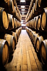 Vintage oak barrels of craft beer, whiskey, wine or brandy. Wine vaults. - obrazy, fototapety, plakaty