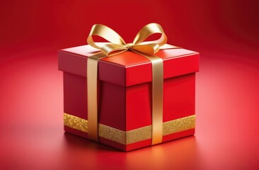Obraz premium red gift box with a gold ribbon on a red background