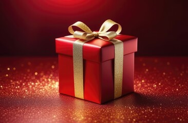 Obraz premium red gift box with a gold ribbon on a red background