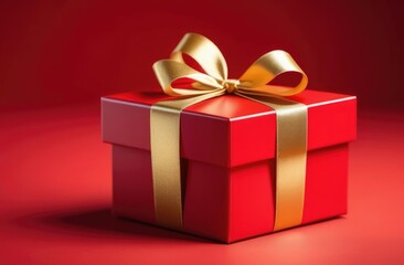 Fototapeta premium red gift box with a gold ribbon on a red background