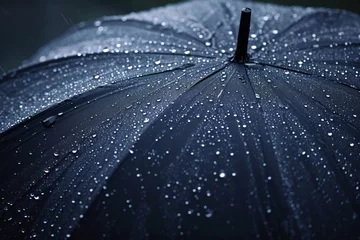 Fotobehang Opened black umbrella in a rainy weather. Raindrops close up. AI generative © tiena