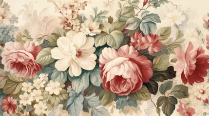 Fotobehang Vintage Floral Tapestry: Intricate Floral Pattern Mimicking Vintage Tapestry in Muted Rose, Sage, and Cream Tones © TETIANA