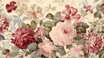 Fotobehang Vintage Floral Tapestry: Intricate Floral Pattern Mimicking Vintage Tapestry in Muted Rose, Sage, and Cream Tones © TETIANA