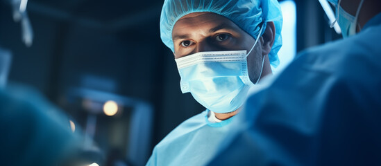 Surgeon performing microsurgery in blue uniform in OR with lighting effect, Eye surgery, Brain surgery or cosmetic surgery using medical technology. 
