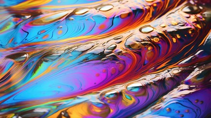 Fototapeta premium Rainbow Oil Slick: Iridescent Sheen Mimicking Oil on Water with Shifting Rainbow Colors