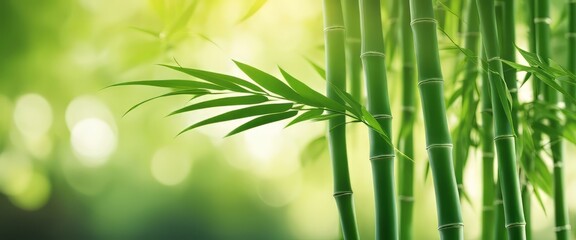 Fototapeta premium green bamboo leaves over sunny water surface background banner