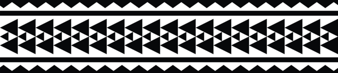 Polynesian design tribal tattoo border. Tribal design ethnic maori band.Tattoo  ribbon sleeve bracelet. Fabric seamless isolated hawaiian pattern on white background. - obrazy, fototapety, plakaty