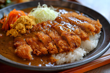 Katsu Curry is a delectable Japanese dish featuring a crispy breaded and fried cutlet, typically pork or chicken, served atop a bed of steamed rice and smothered in a rich, aromatic curry sauce