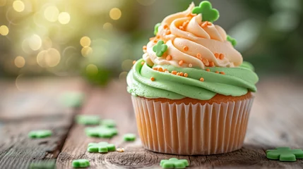 Foto op Canvas Delicious decorated cupcake with clover on wooden table, space for text. St. Patrick's Day celebration © PEPPERPOT