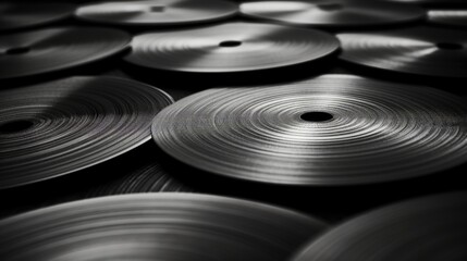 Vintage Vinyl Grooves: Close-Up of Vinyl Record Grooves, Rhythmic Repetitive Pattern in Black and Grey Shades