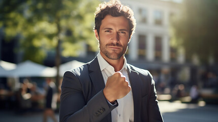 Obraz premium Portrait of confident businessman in suit looking at camera while standing outdoors
