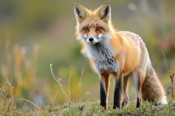 Naklejka na ściany i meble A red fox adopts a focused hunting stance, its keen eyes fixed on potential prey