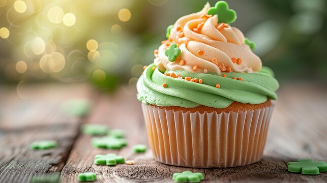 Delicious decorated cupcake with clover on wooden table, space for text. St. Patrick's Day celebration