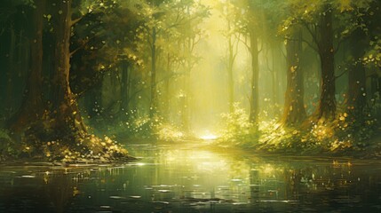 Obraz premium Whispering Woods: Sunlit Serenity in Green