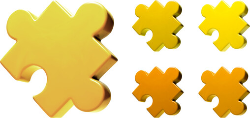 Golden puzzle parts or Jigsaw pieces set. 12k and 18k yellow gold parts. Matching isometric objects as community or business strategy elements to connect together.