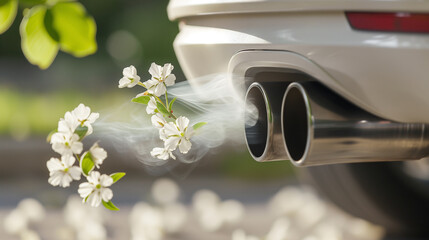 Close-up of a white car exhaust pipe with flowers flying out of it.