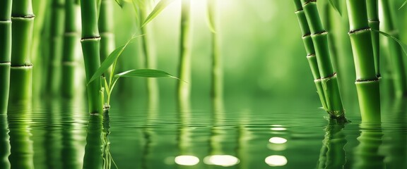 Obraz premium green bamboo leaves over sunny water surface background banner