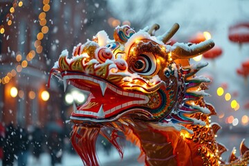 Fototapeta premium Snowy Dragon Dance Celebration. Chinese dragon amidst a snowy festival atmosphere.