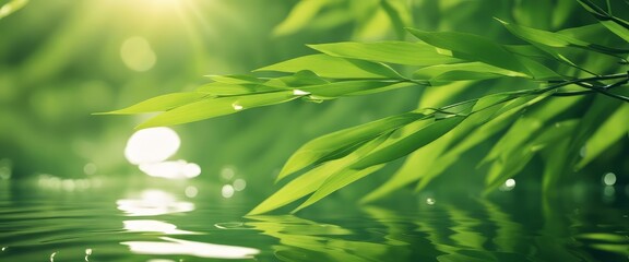 green bamboo leaves over sunny water surface background banner