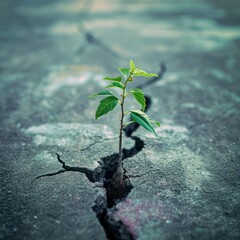 A conceptual image of a young sapling breaking through a cracked concrete pavement, symbolizing resilience and the triumph of nature over urban constraints. 