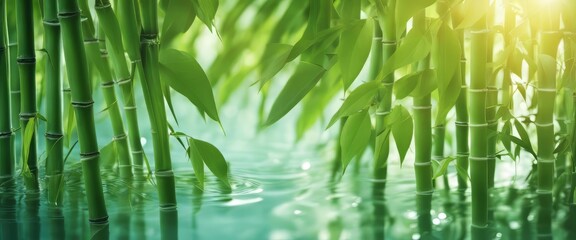 green bamboo leaves over sunny water surface background banner - obrazy, fototapety, plakaty