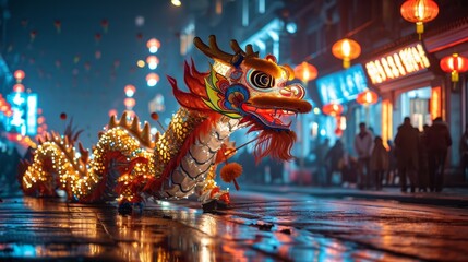 Nighttime Dragon Dance with Luminous Scales.
Illuminated dragon dance on a festive night.