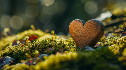 Wooden heart on moss, romantic scene, Happy Valentines day