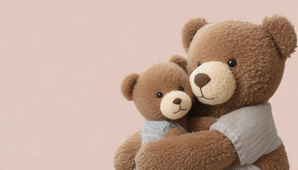 Brown baby teddy bear and mother teddy bear hugging eachother on light beige background