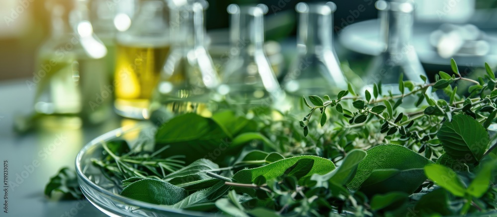 Wall mural Green herbal leaves undergo natural organic extraction in a laboratory to produce a flower aroma essence solution.