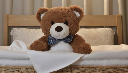 Brown teddy bear with white diaper sitting in baby bed