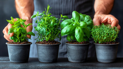 hands placing four pots of green herbs on a dark surface. They look healthy and ready for a home garden or kitchen use