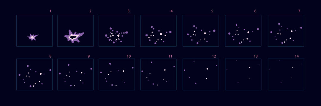 Colorful firework animation . Firework Sprite sheet for games, cartoon or animation. Set of frames animation. – Vector