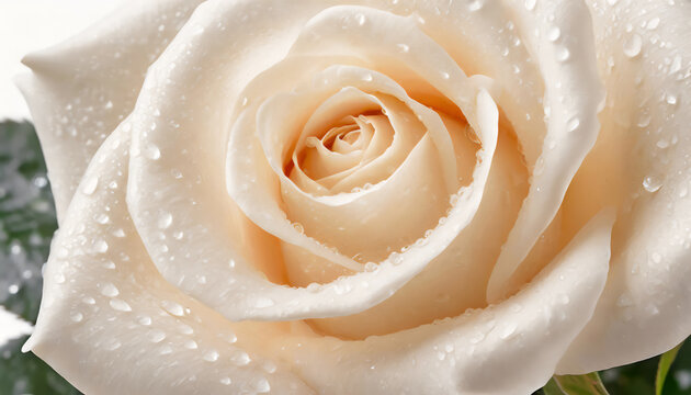 Close up macro photo image of cream color rose with water drops