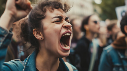 Obraz premium Female activist angry shouting for her cause among people demonstration protester