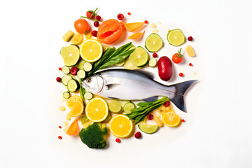 Trends in 2024 A tasteful representation of New Year 2024 with vegetables, fruits, and fish on a white background. Depicts 2024 food trends, healthy eating, and goals.  Generative AI,
