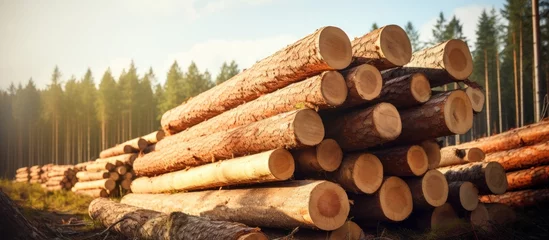 Rolgordijnen Pile of forest pine and spruce logs © pector