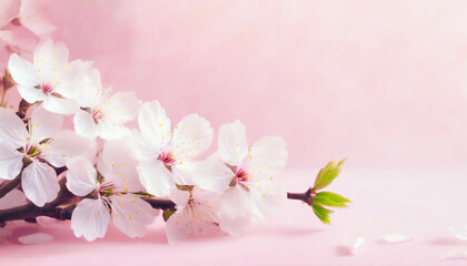 Fresh beautiful white cherry blossoms on light pink background with copy space