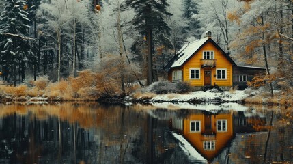 Fototapeta premium Yellow house on the lake